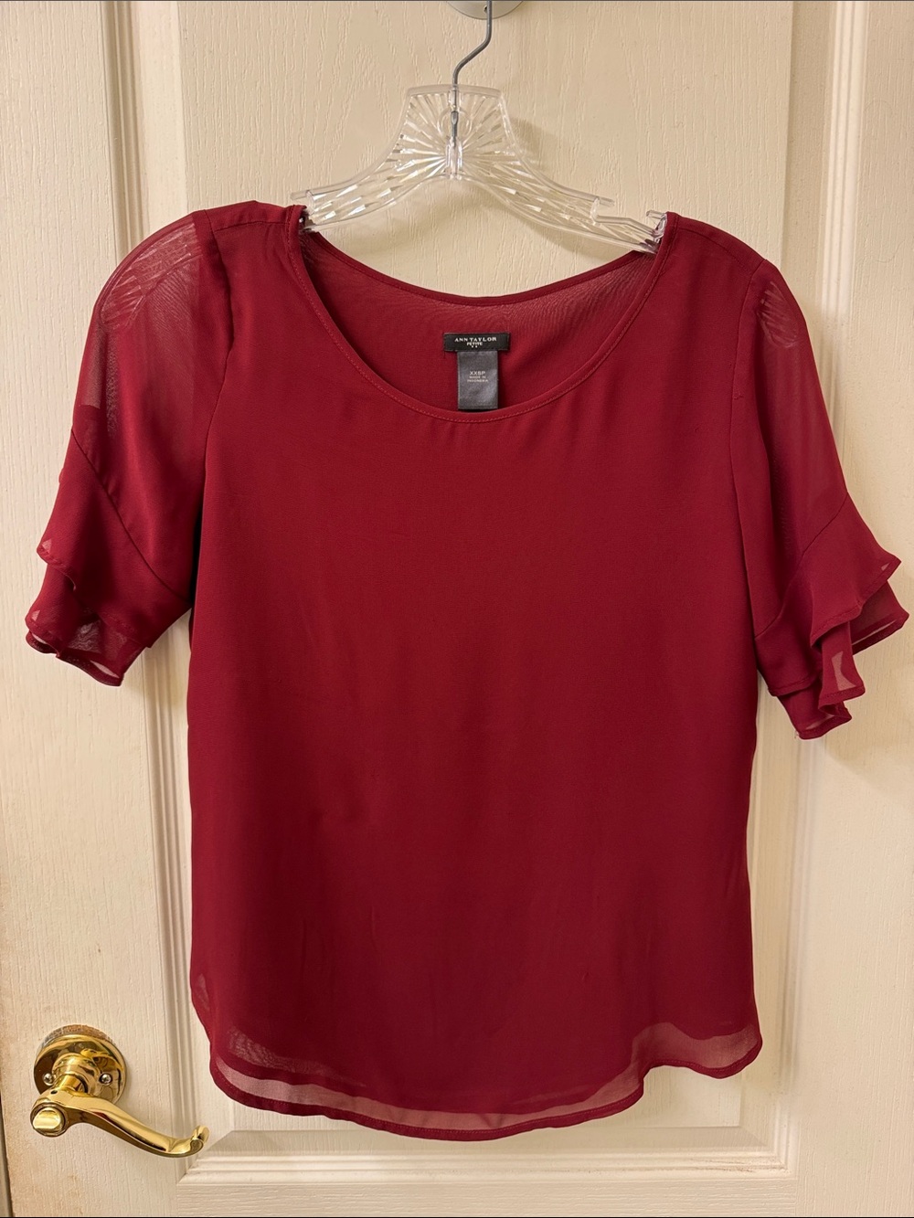Petite Ann Taylor Burgundy Short Ruffle Sleeve Blouse